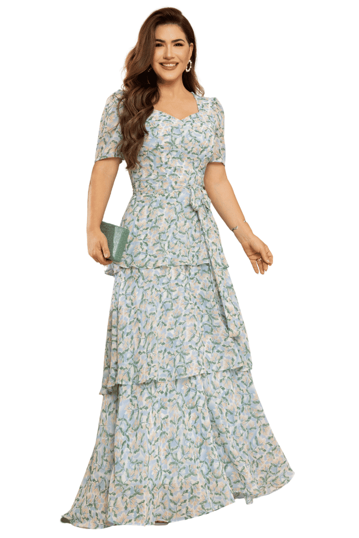 VESTIDO MUSSELINE CREPE COM BABADOS E FAIXA - 14434