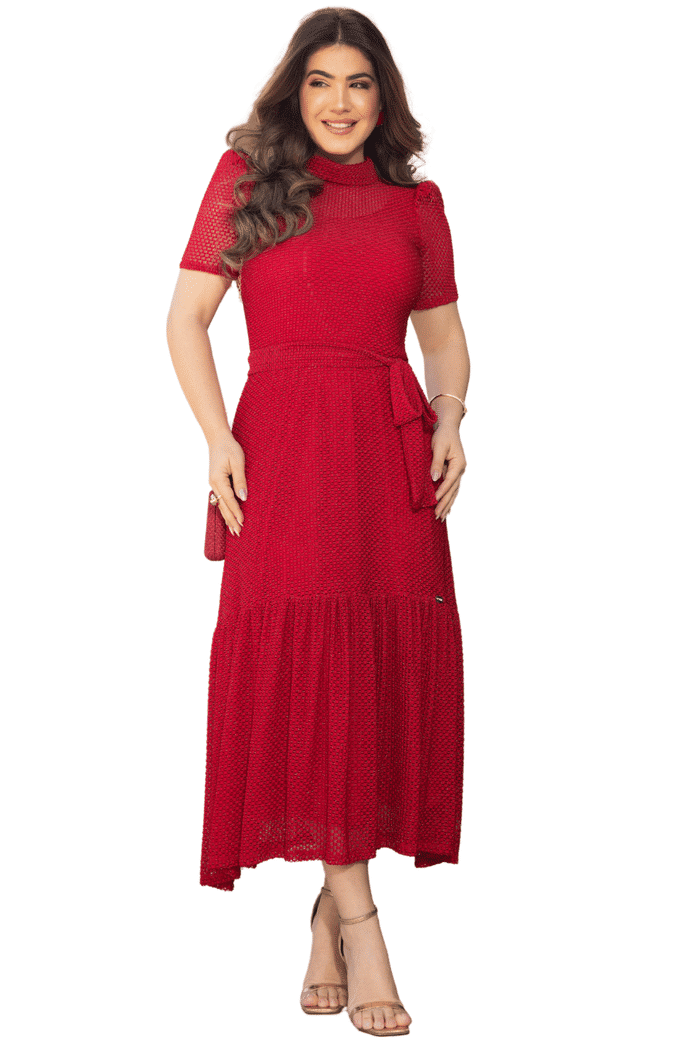 VESTIDO TELA GOLA ALTA COM BABADO E FAIXA - 14192