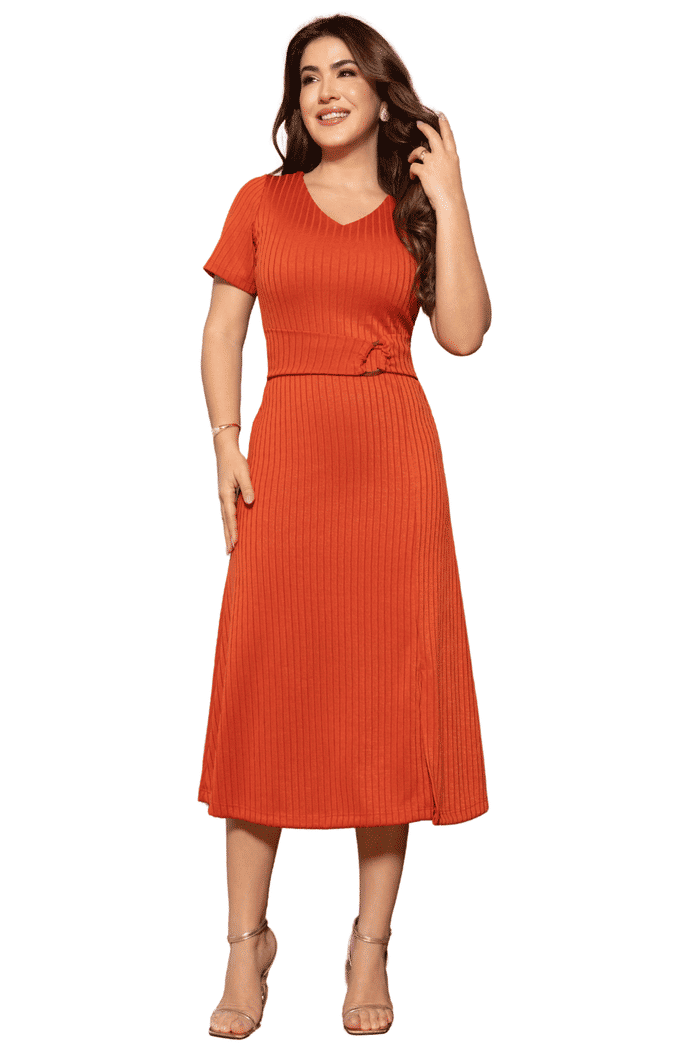VESTIDO MALHA COM DECOTE V E FAIXA FIXA COM FIVELA - 14519