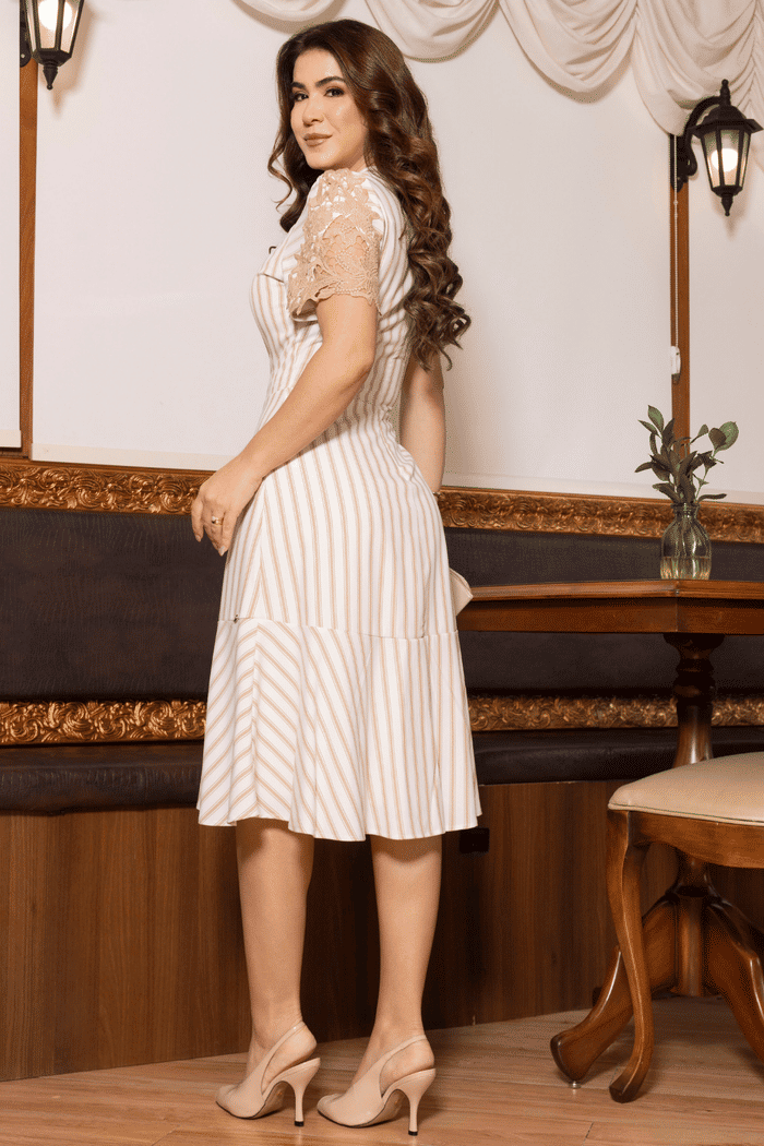 VESTIDO CREPE LISTRADO COM GRIPIR NAS MANGAS - 14512