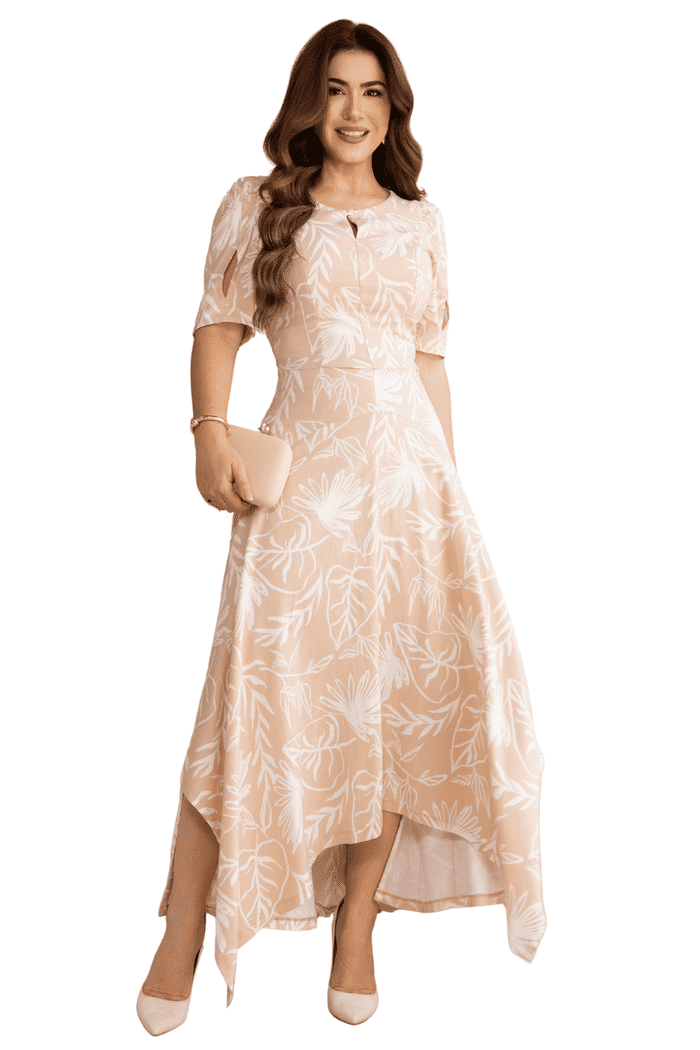 VESTIDO VISCOLINHO ESTAMPADO COM PONTAS ASSIMETRICAS