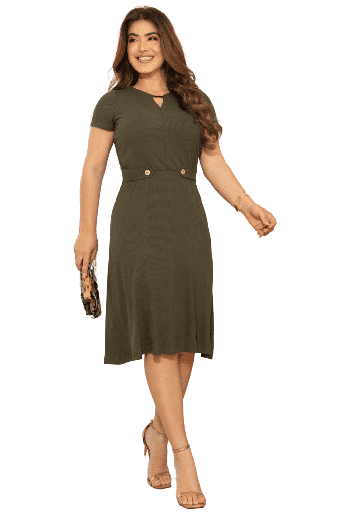 VESTIDO CANELADO COM LAPELA E BOTOES - 14175