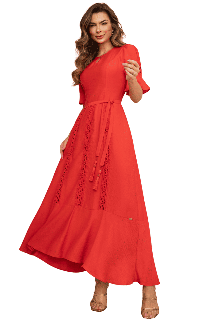 VESTIDO CREPE TEXTURIZADO COM ENTREMEIO - 14385