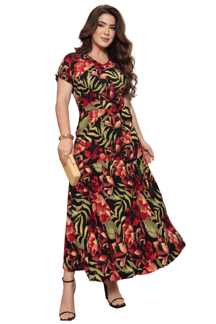 VESTIDO RAYON ESTAMPADO COM RECORTES E FAIXA - 14190