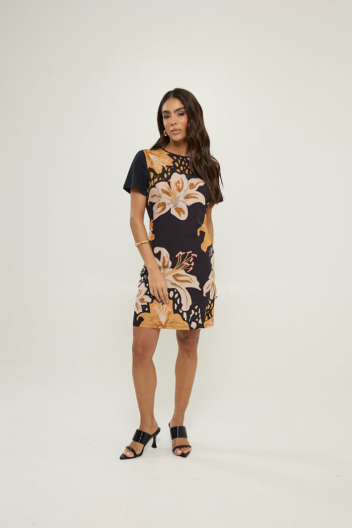 Vestido Manga Curta Estampado Frente