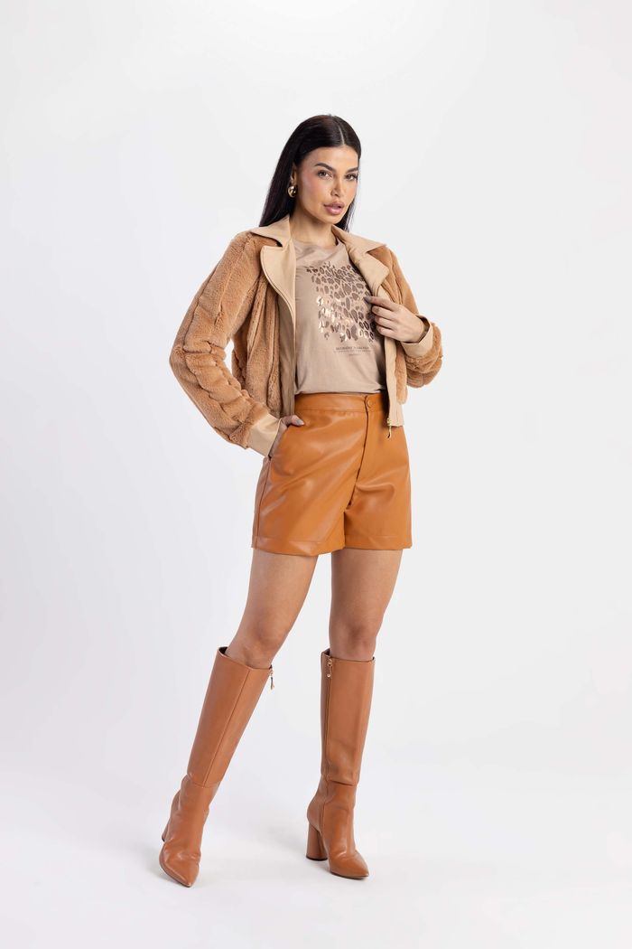 Jaqueta de Pelo e Couro Pu