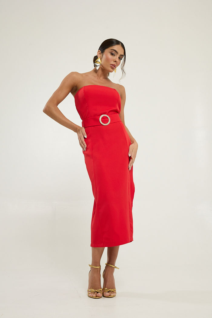 Vestido Midi com Fivela Strass