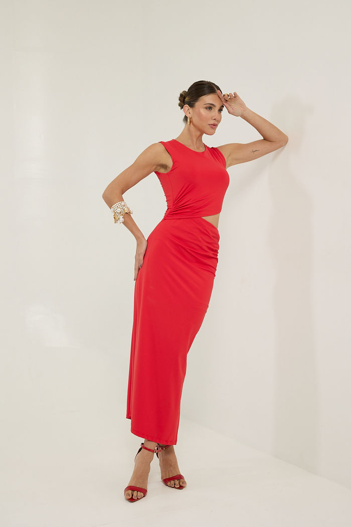 Vestido sem Manga Midi com Franzidos