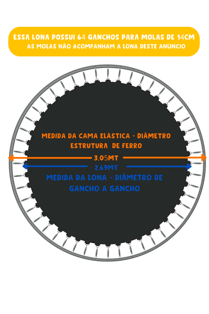 Lona de Salto Importada P/ Cama Elástica 3,05 / 3,10m C/ 64 Ganchos P/ Mola 14cm