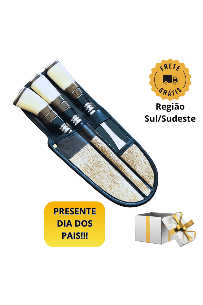 Conjunto VF Faca, Chaira e Garfo 8" Aço Inox 420 - Cabo Osso, Resina e Madeira