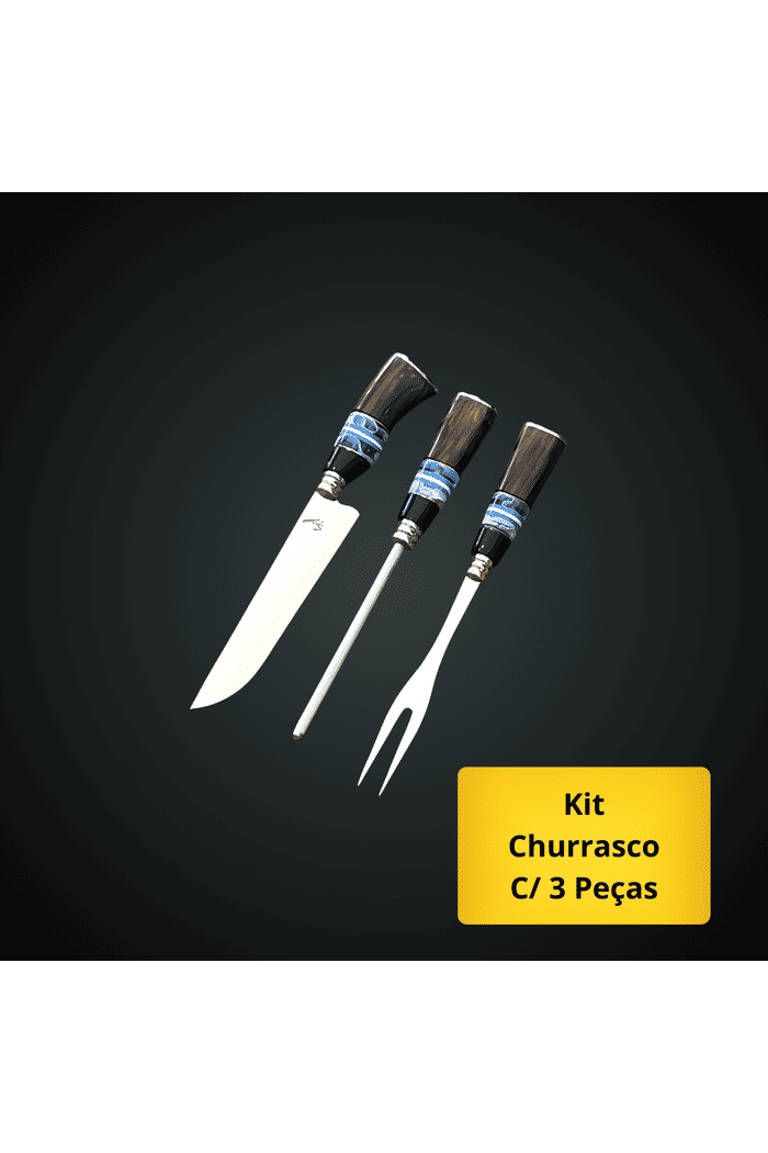 Kit Churrasco VF Faca, Chaira e Garfo 8" Aço Inox 420 - Cabo Resina e Madeira