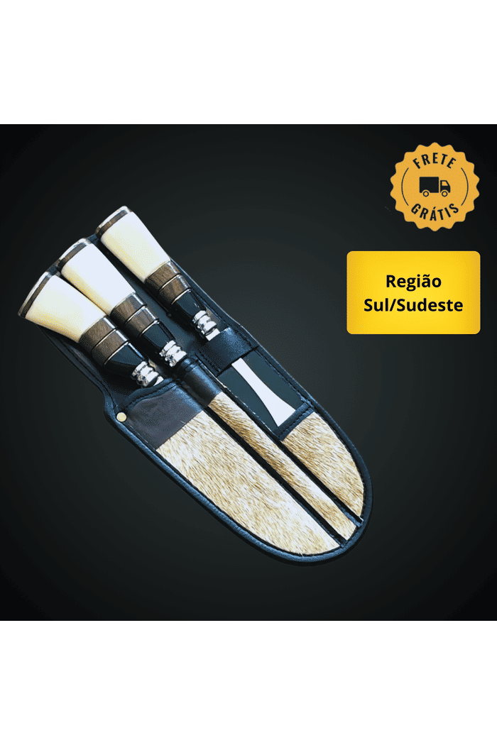 Conjunto VF Faca, Chaira e Garfo 8" Aço Inox 420 - Cabo Osso, Resina e Madeira