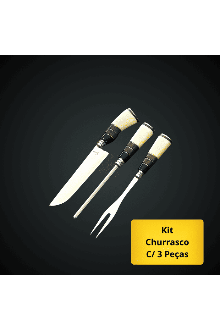 Kit VF Faca, Chaira e Garfo 8" Aço Inox 420 - Cabo Osso, Resina e Madeira