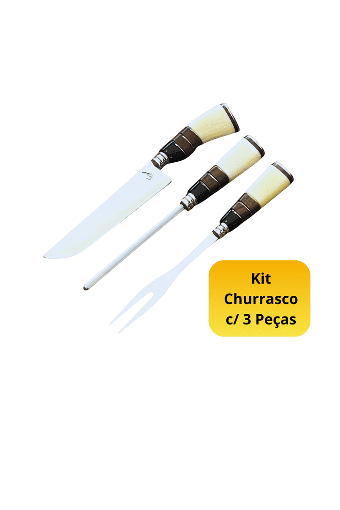 Conjunto VF Faca, Chaira e Garfo 8" Aço Inox 420 - Cabo Osso, Resina e Madeira