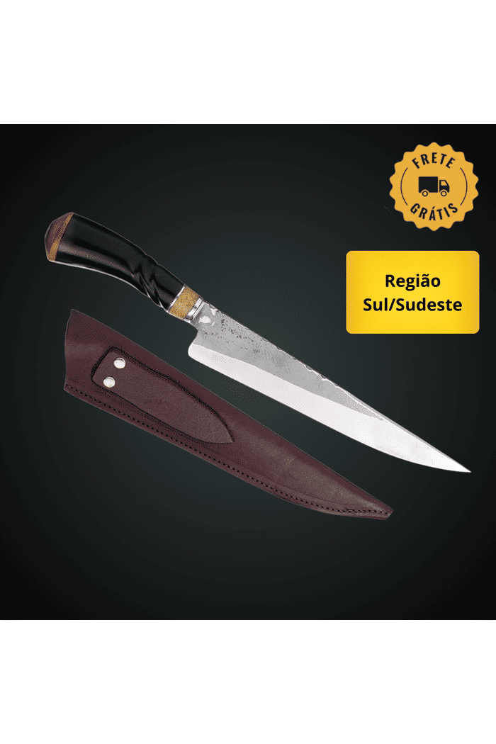 Faca Churrasco Artesanal 9” Cabo Chifre Bovino - Aço Carbono - Estojo Rústico
