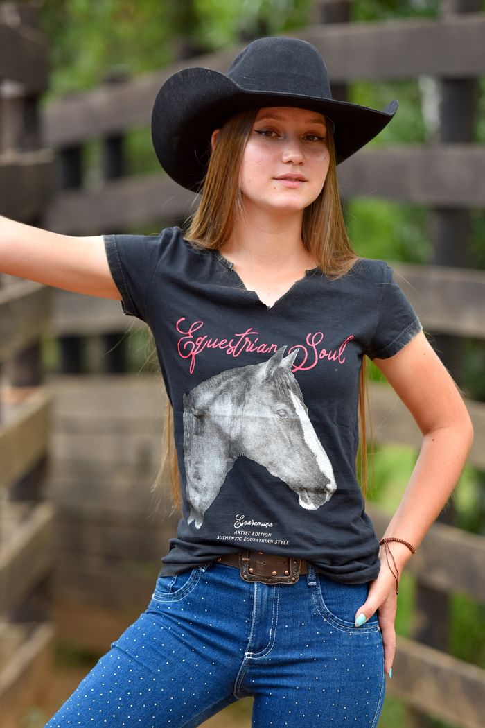 CAMISETA FEMININA MARMORIZADA MANGALARGA PRETA - 1F148