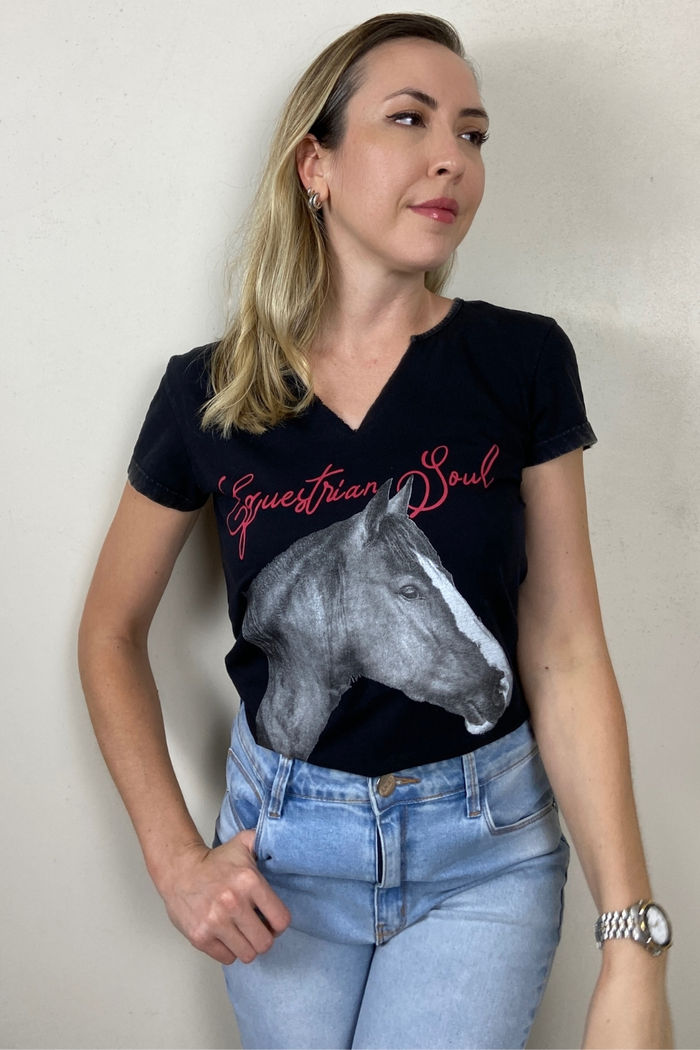 CAMISETA FEMININA MARMORIZADA MANGALARGA PRETA - 1F148