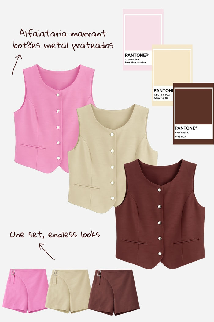 Colete Alfaiataria Decote Alto com Botões Prata 3 Cores