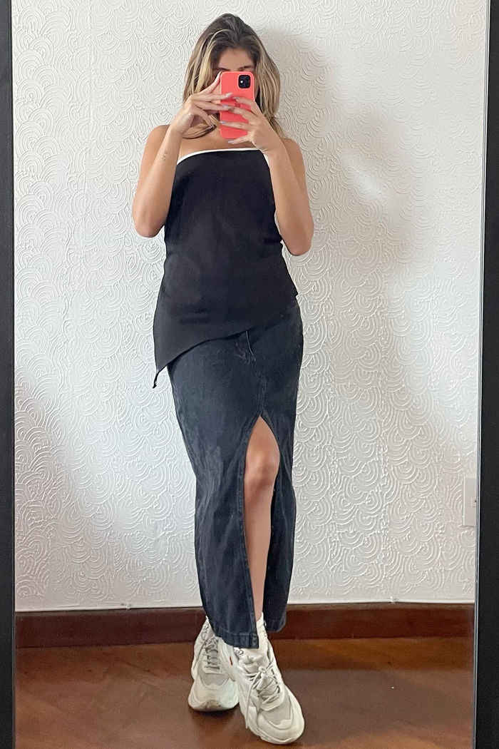 Saia Jeans Midi Fenda Preto Médio