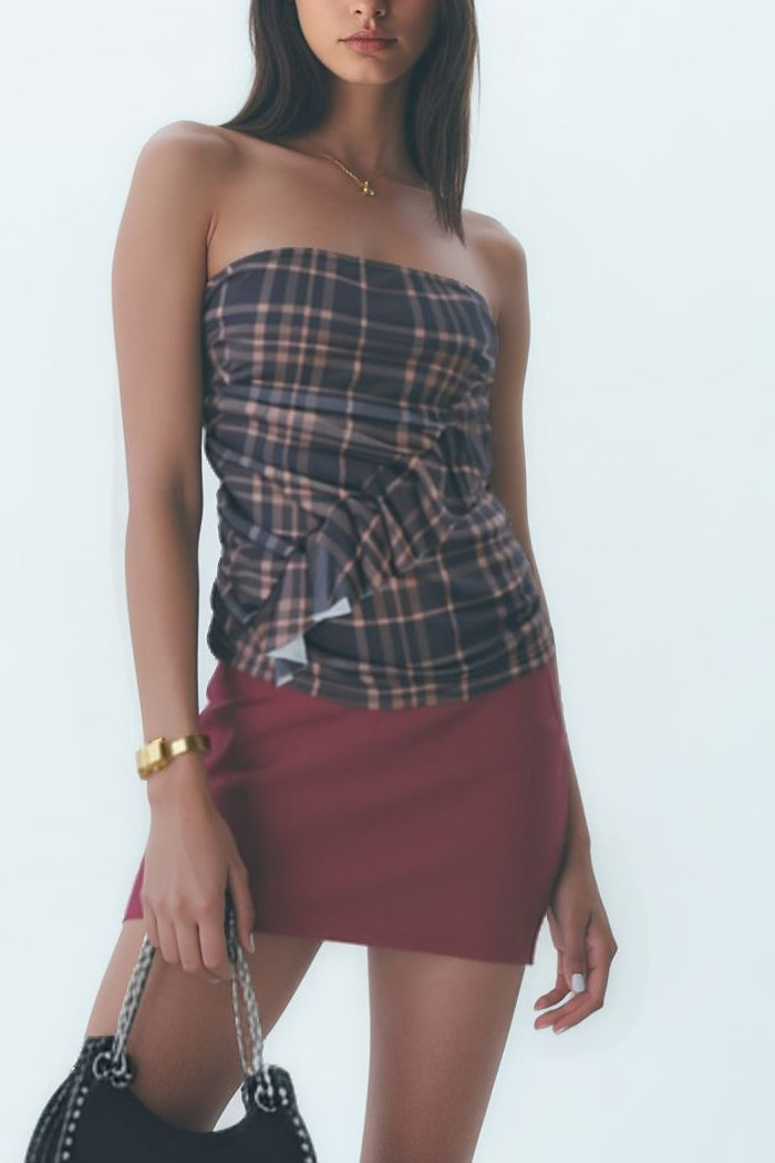 Blusa Tomara que Caia em Tule Drapeada Xadrez