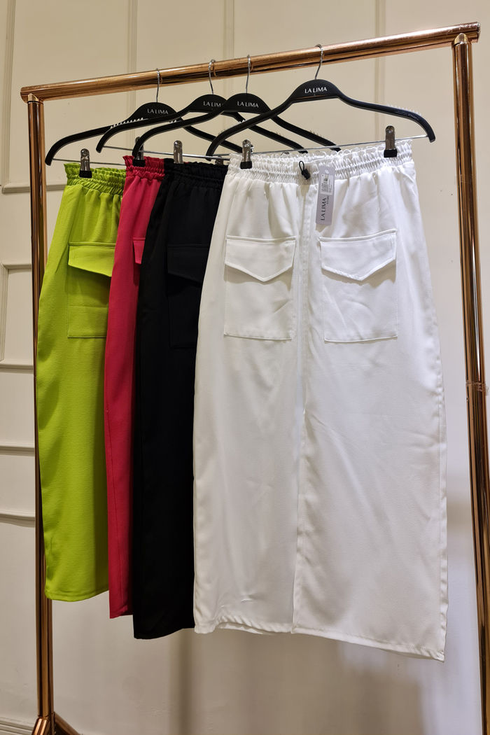 Saia Midi Bolsos Fenda Frontal Cores