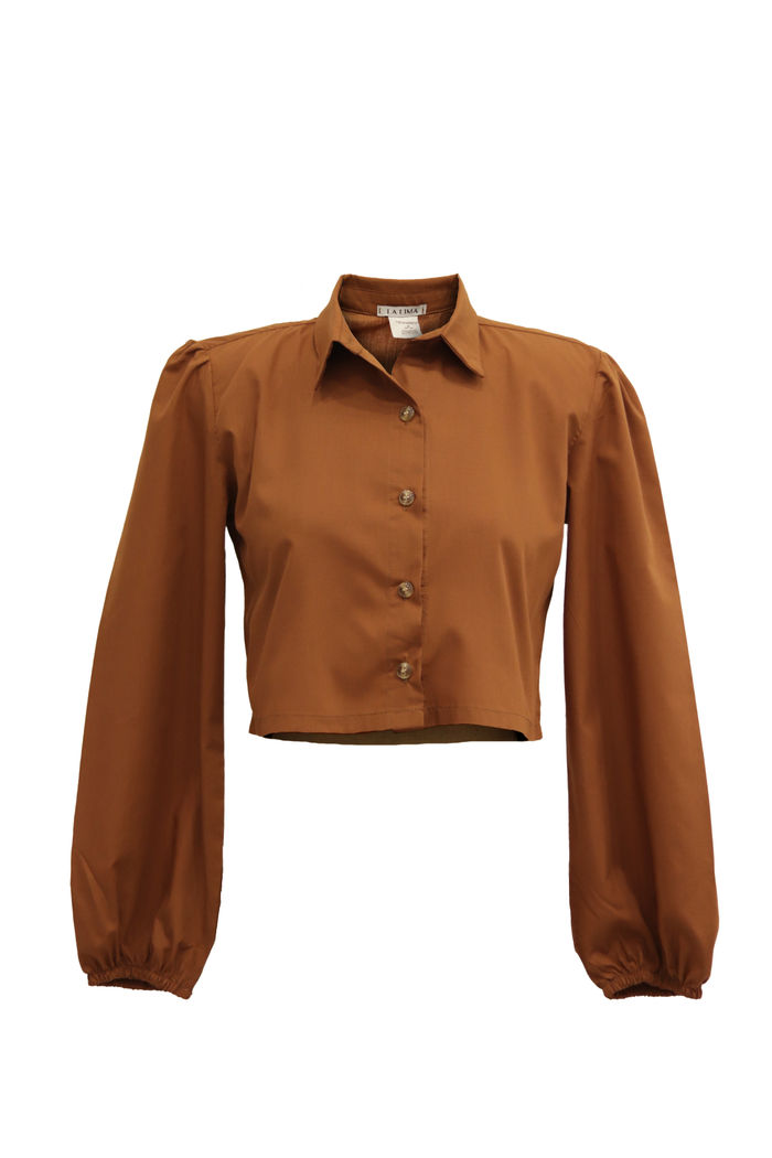 Camisa Cropped Bufante Tricoline Marrom