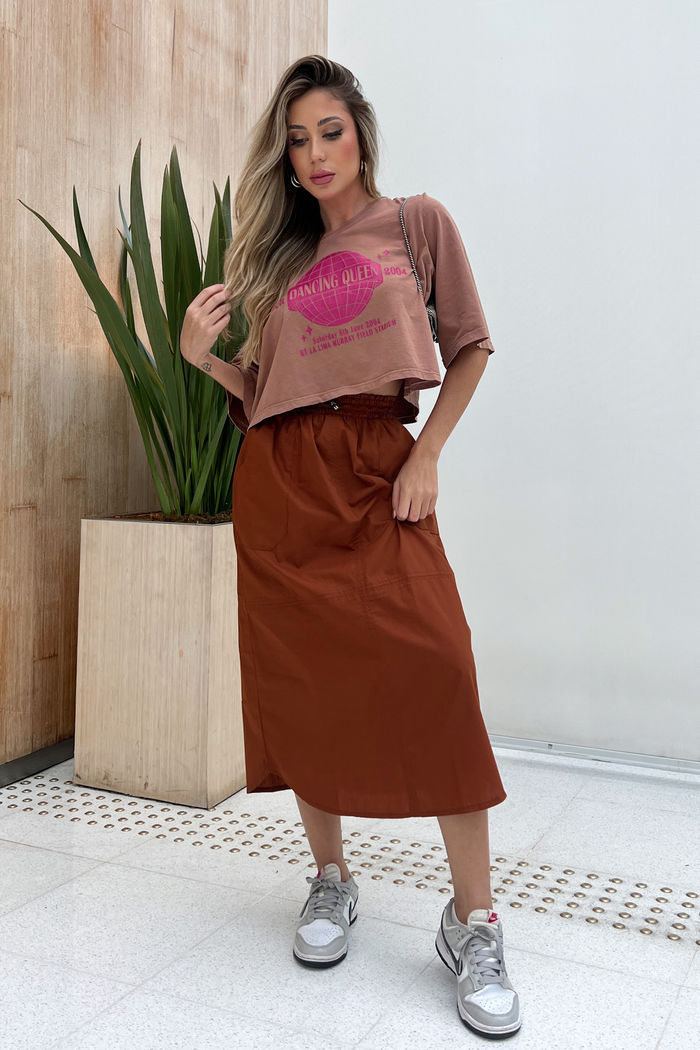 Saia Midi Tricoline Marrom