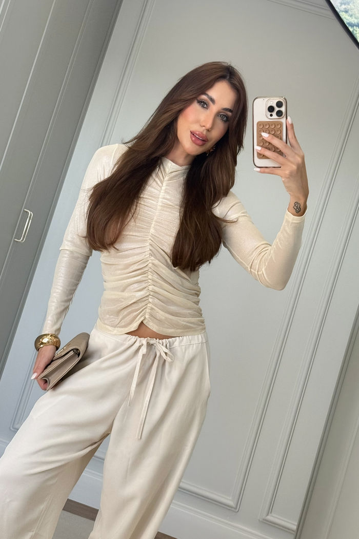 Blusa Manga Longa Drapeada Tule com Brilho 2 Cores