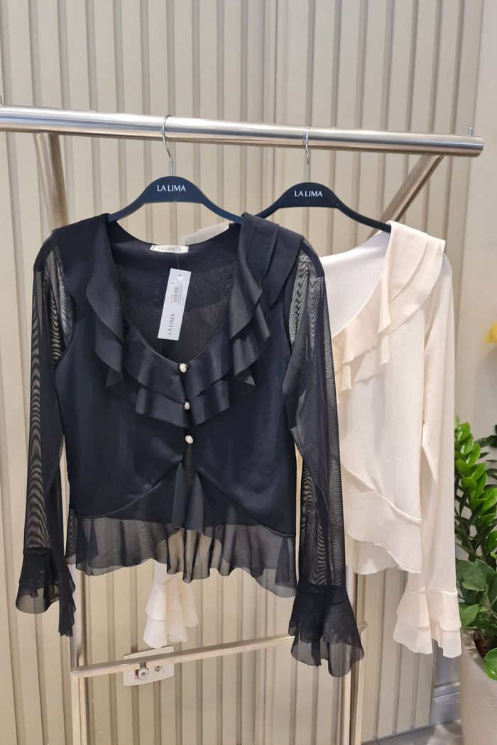 Blusa de Tule de Babados com Botões de Pérolas 2 Cores