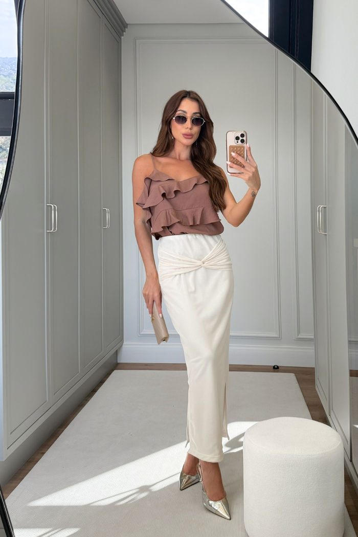 Saia Midi de Tule com Fendas Laterais e Detalhe Torcido 2 Cores