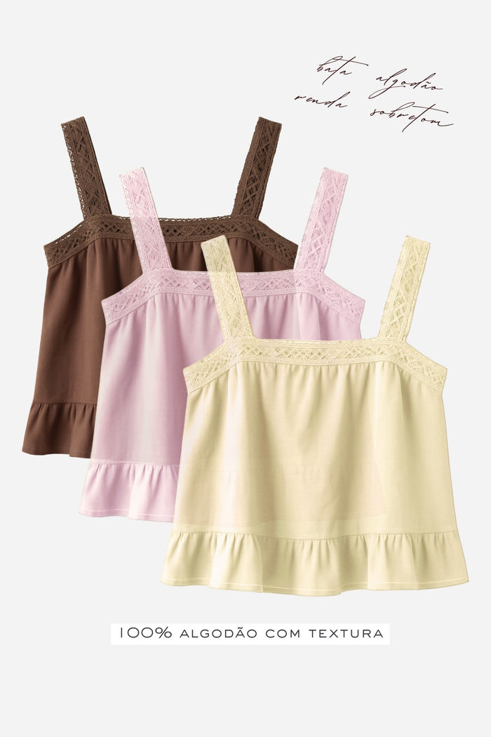 Bata Regata 100% Algodão com Alças Renda 3 Cores