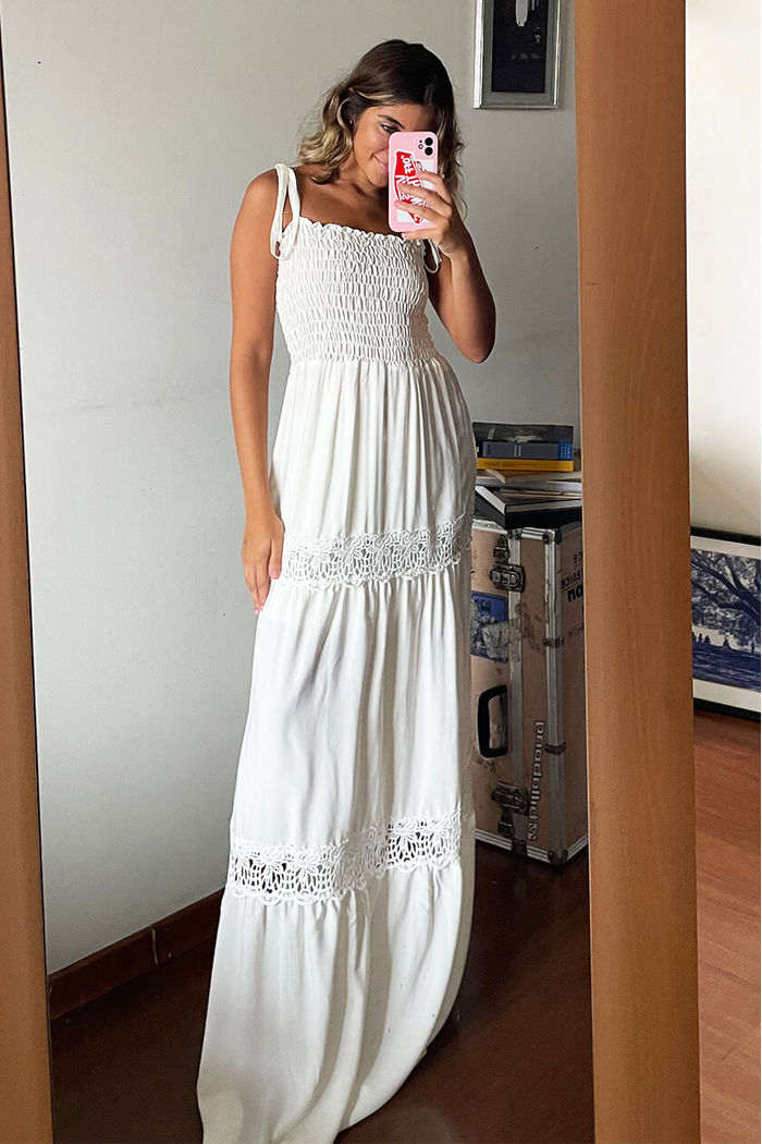 Vestido Lastex Longo Renda Off White