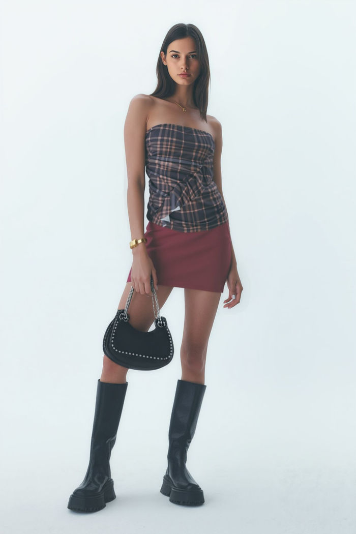 Blusa Tomara que Caia em Tule Drapeada Xadrez