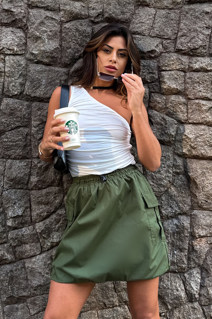 Saia Parachute Balonê Tricoline Verde Militar