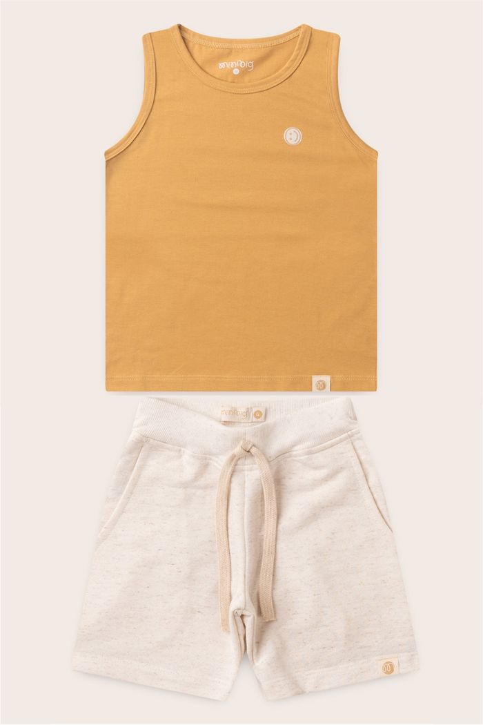 Conjunto Menino Regata Amarelo Âmbar e Bermuda Off Natural