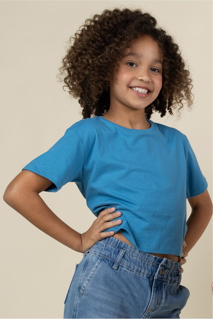Blusa Box Manga Curta Menina 100% Algodão - Azul Turquesa