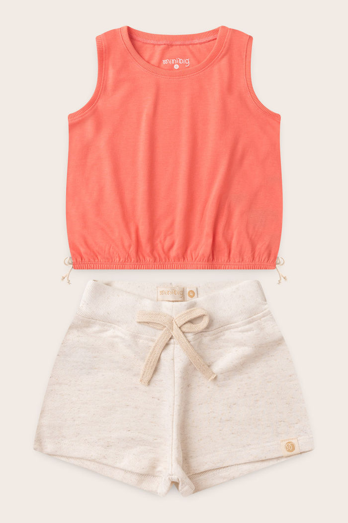 Conjunto Menina Regata Rosa Coral e Shorts Off Natural