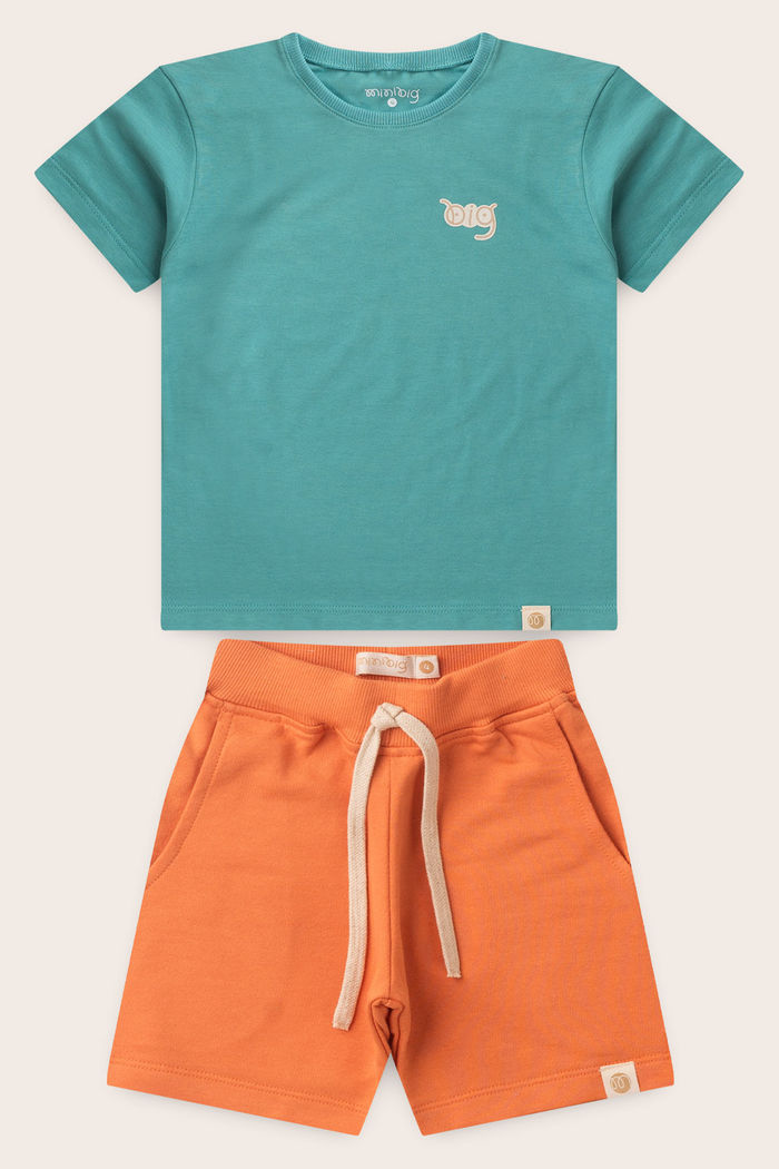 Conjunto Menino Camiseta Verde Acqua e Bermuda Laranja Tangerina
