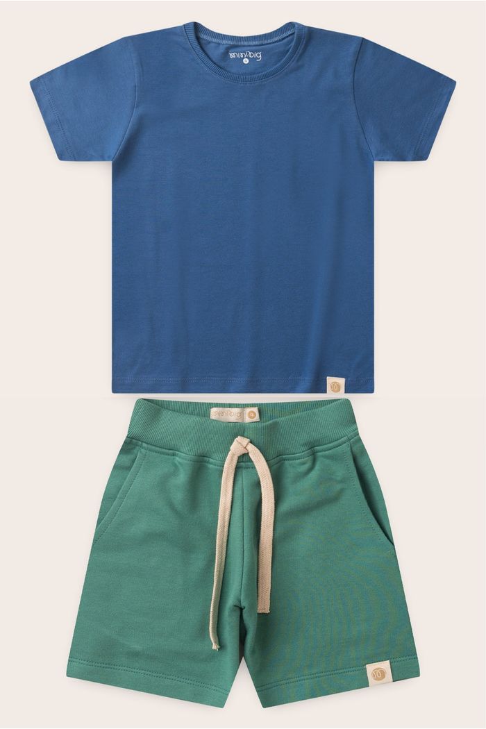 Conjunto Menino Camiseta Azul Anil e Bermuda Verde Folha