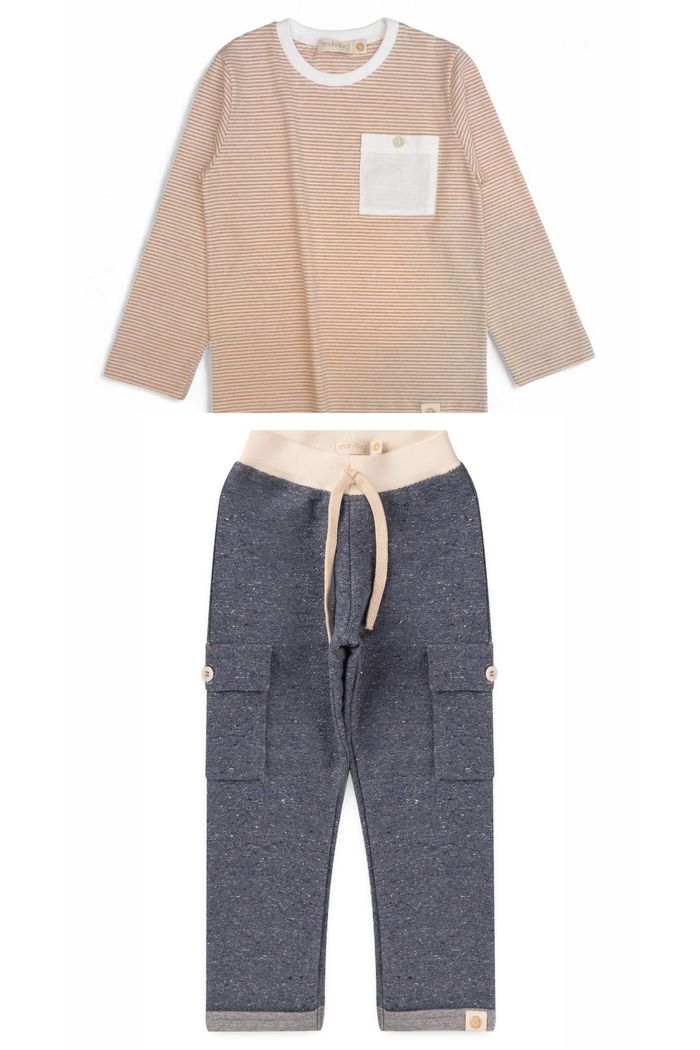 Conjunto Infantil Menino de Camiseta Longa e Calça Jogger - Listrado Off-Bege / Azul Jeans