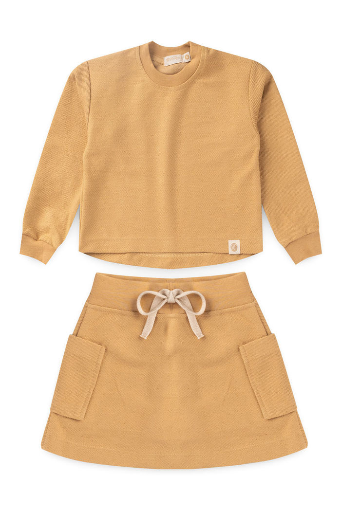 Conjunto Infantil Menina De Blusa e Saia Moletom Algodão Com Poliéster Sustentável e Tingimento Natural - Amarelo Âmbar