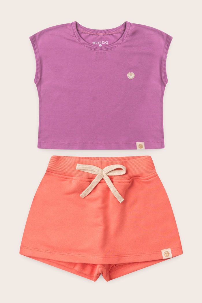 Conjunto Menina Blusa Manga Japonesa Lilás Lavanda e Shorts Saia Rosa Coral