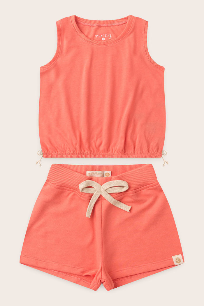 Conjunto Menina Regata Rosa Coral e Shorts Rosa Coral