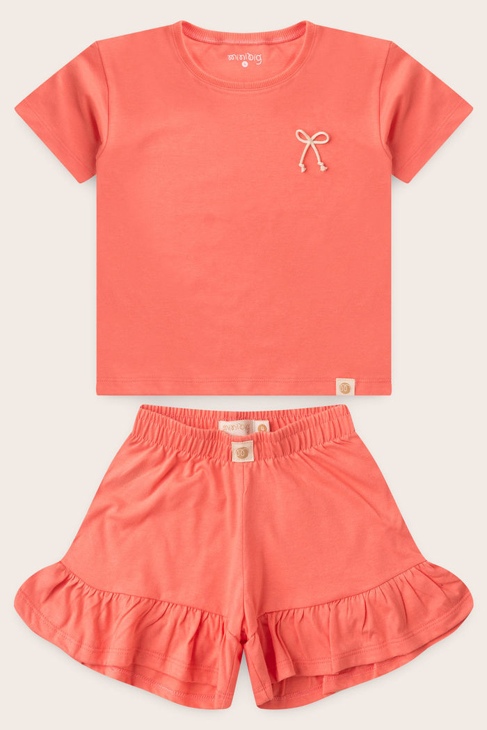 Conjunto Menina Blusa Over Manga Curta Rosa Coral e Shorts Babado - Rosa Coral