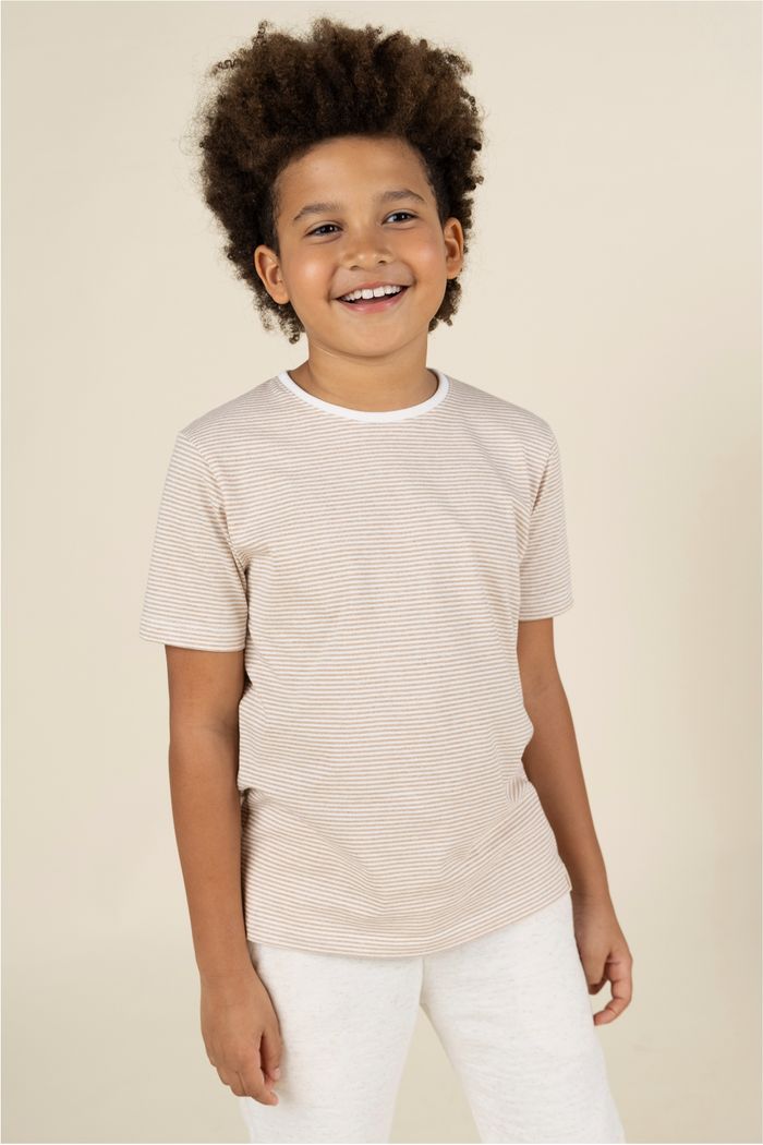 Camiseta Infantil Menino Malha Algodão Sustentável - Listrado Off-Bege