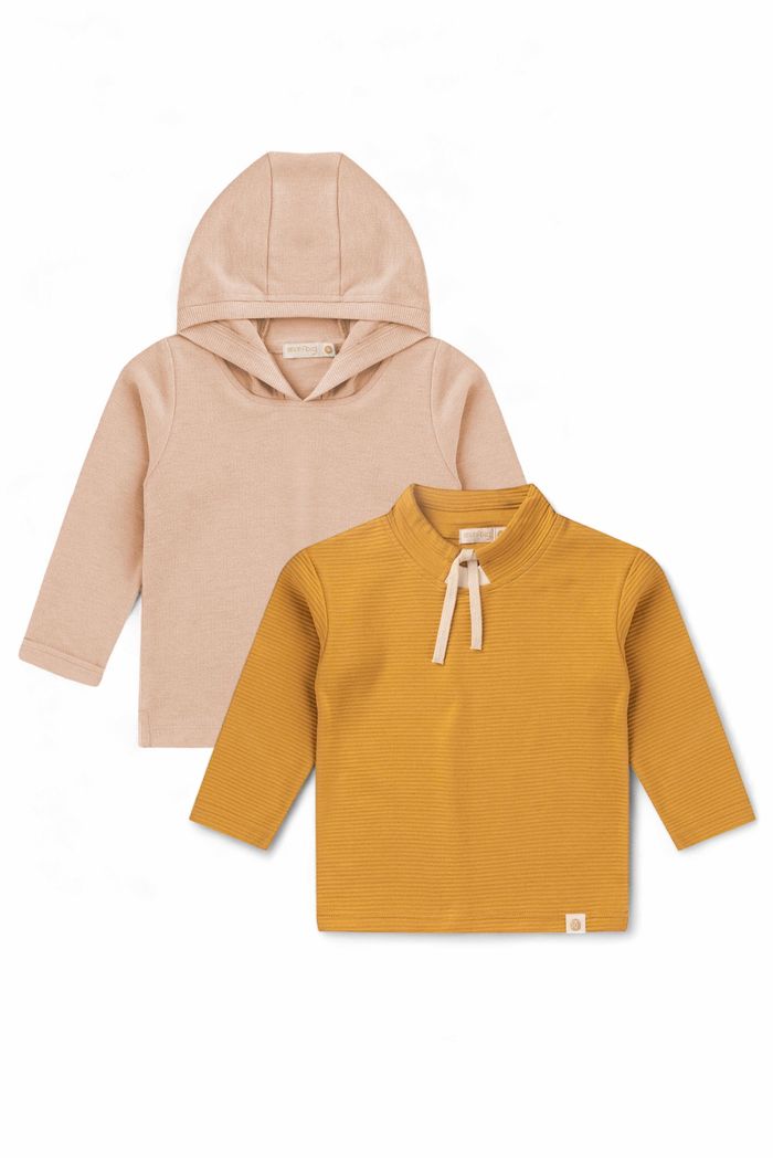 Combo 2 Blusas - Hoodie Com Capuz Bege Kraft  + Blusa Moletom Texturizado Amarelo Âmbar