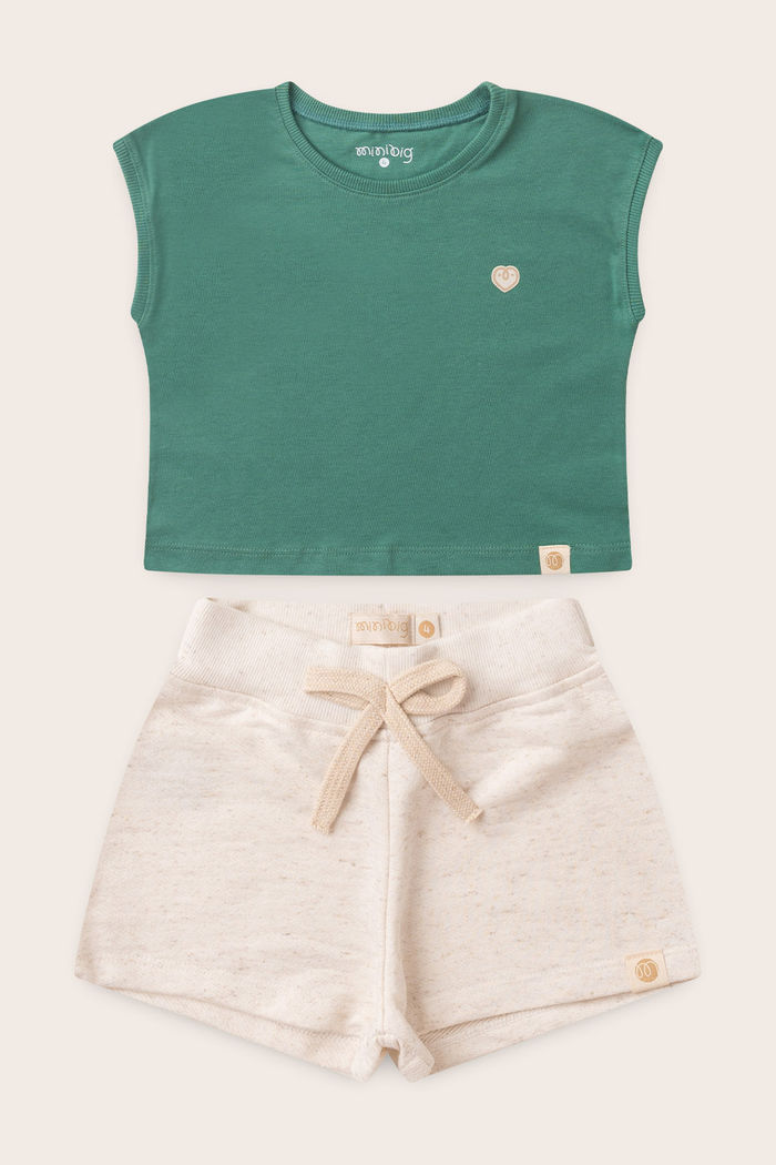 Conjunto Menina Blusa Manga Japonesa Verde Folha e Shorts Off Natural