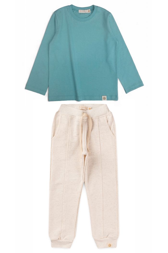 Conjunto Infantil Menino de Camiseta Longa e Calça Jogger - Verde Acqua / Off Natural