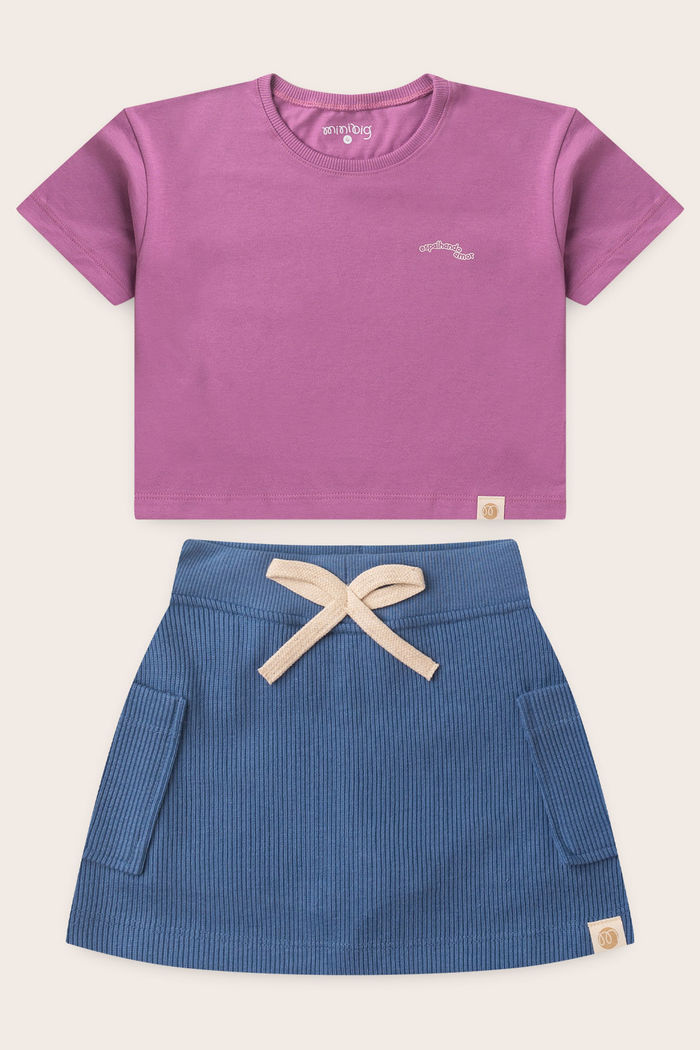 Conjunto Menina Blusa Box Manga Curta Lilás Lavanda e Saia com Shorts Azul Anil