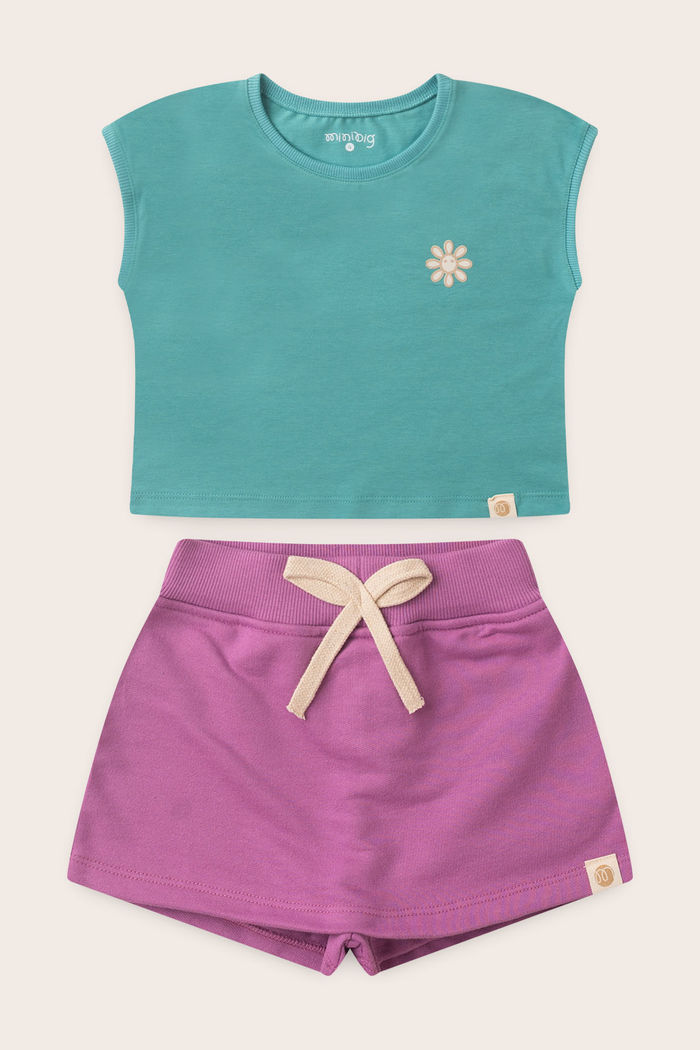 Conjunto Menina Blusa Manga Japonesa Verde Acqua e Shorts Saia Lilás Lavanda